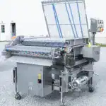 Batter applicator, submerging conveyor, flip discharge